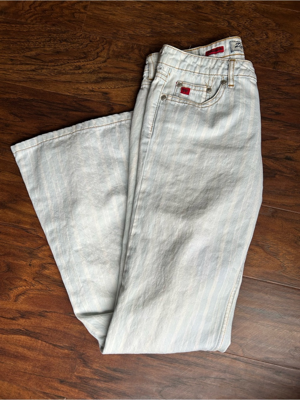 Paris Blues Light Blue Striped Denim Low Rise Flare Jeans • Size 1 • Vintage - Picture 1 of 12